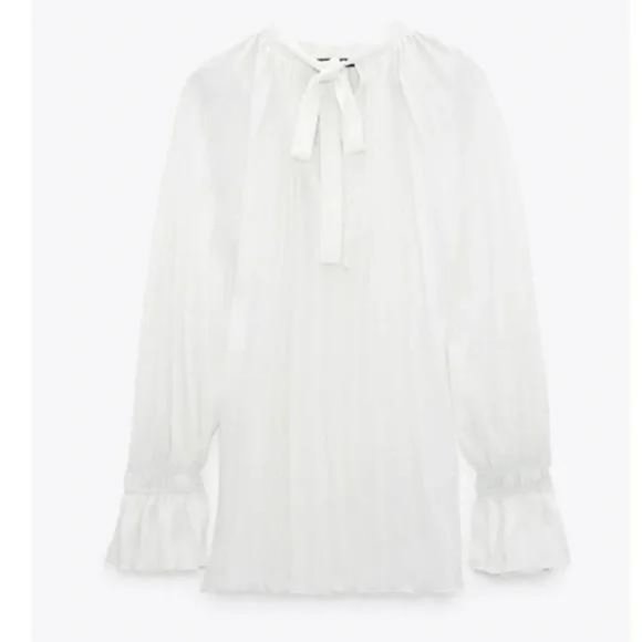 NWT ZARA PLEATED BOW BLOUSE WHITE - Picture 4 of 5